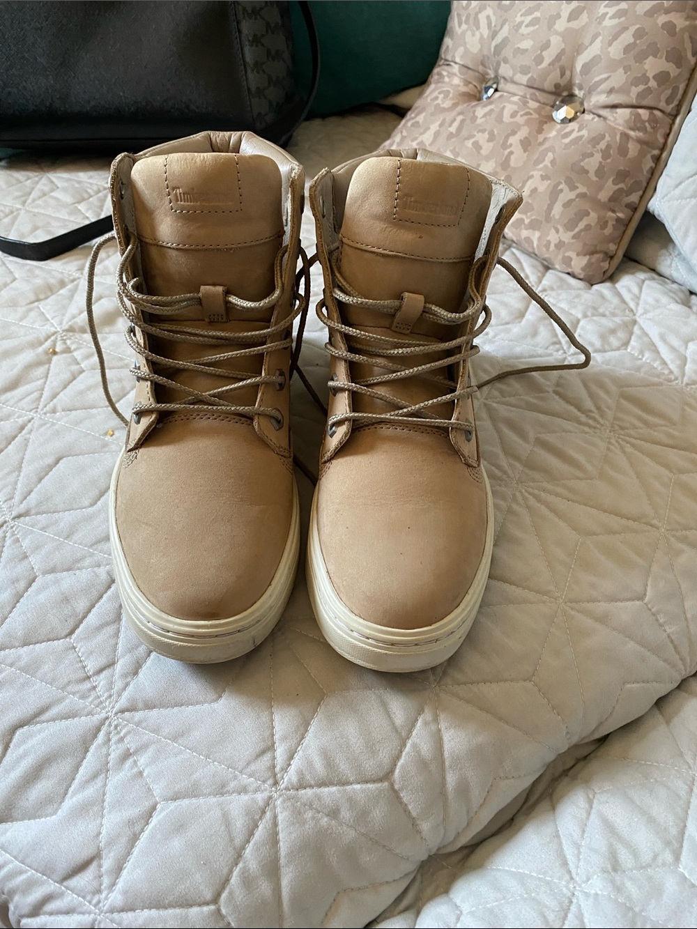 Timberland Tan Lace-Up High-Top Boots with White Sole